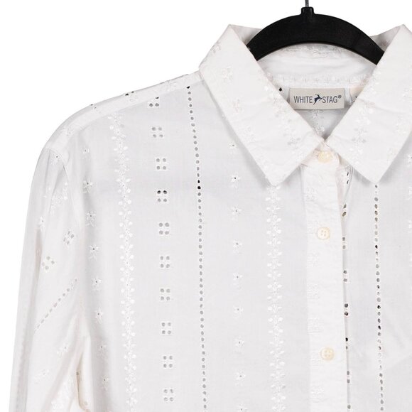 White Stag Eyelet Button Up Shirt L 12 14 Womens VTG NEW White Cotton Collared - Picture 2 of 6